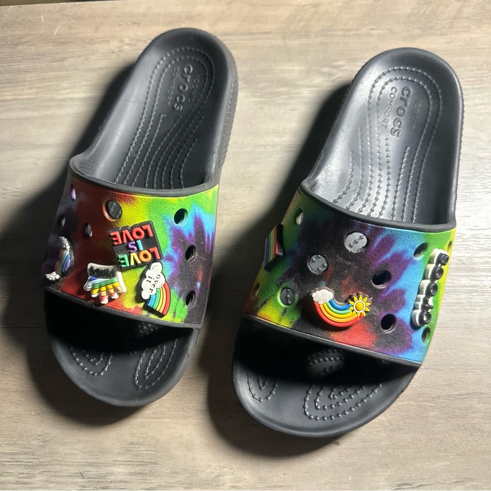 Crocs Classic Tie Dye Slide Sandals Black Multicolor US Men's 5 Women's 7 Iconic